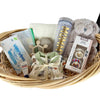 Baby gift basket with items including a water bottle, toy, and baby products.