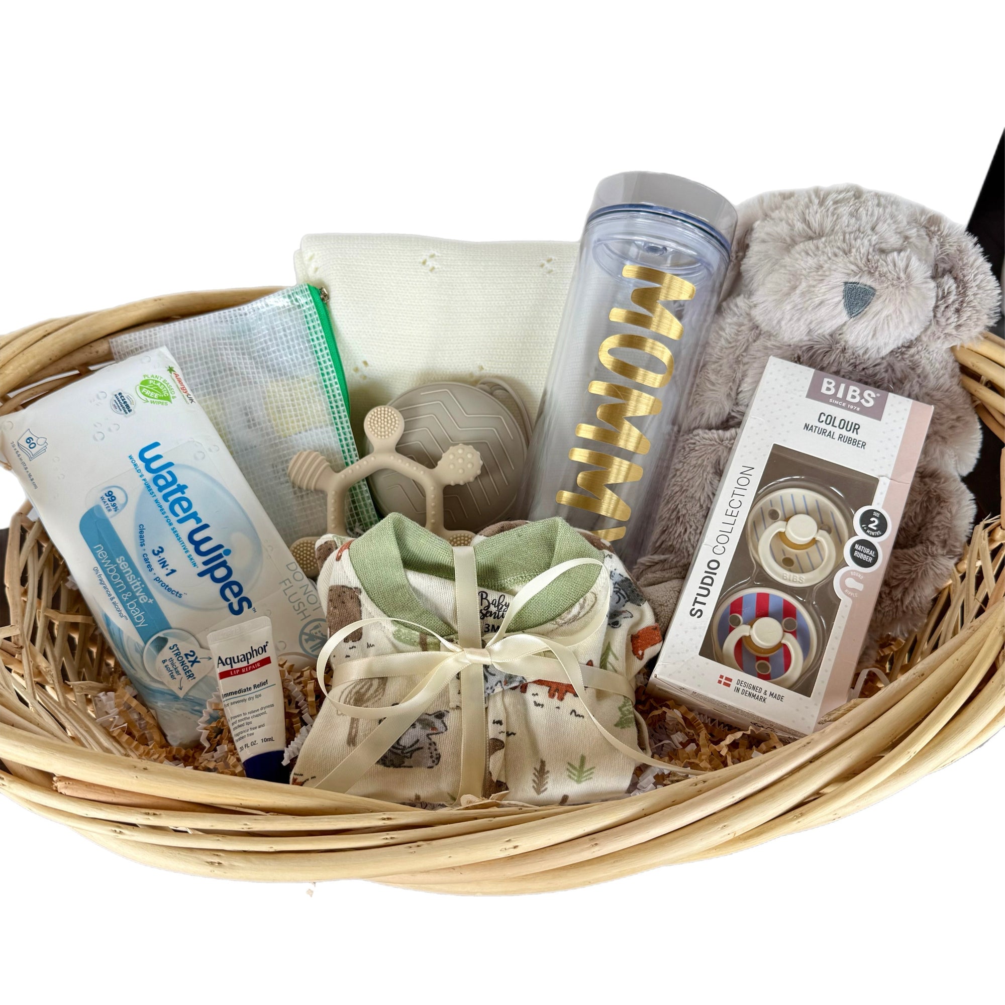 Baby gift basket with items including a water bottle, toy, and baby products.