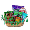 Game day gift basket with snacks and drinks on a white background