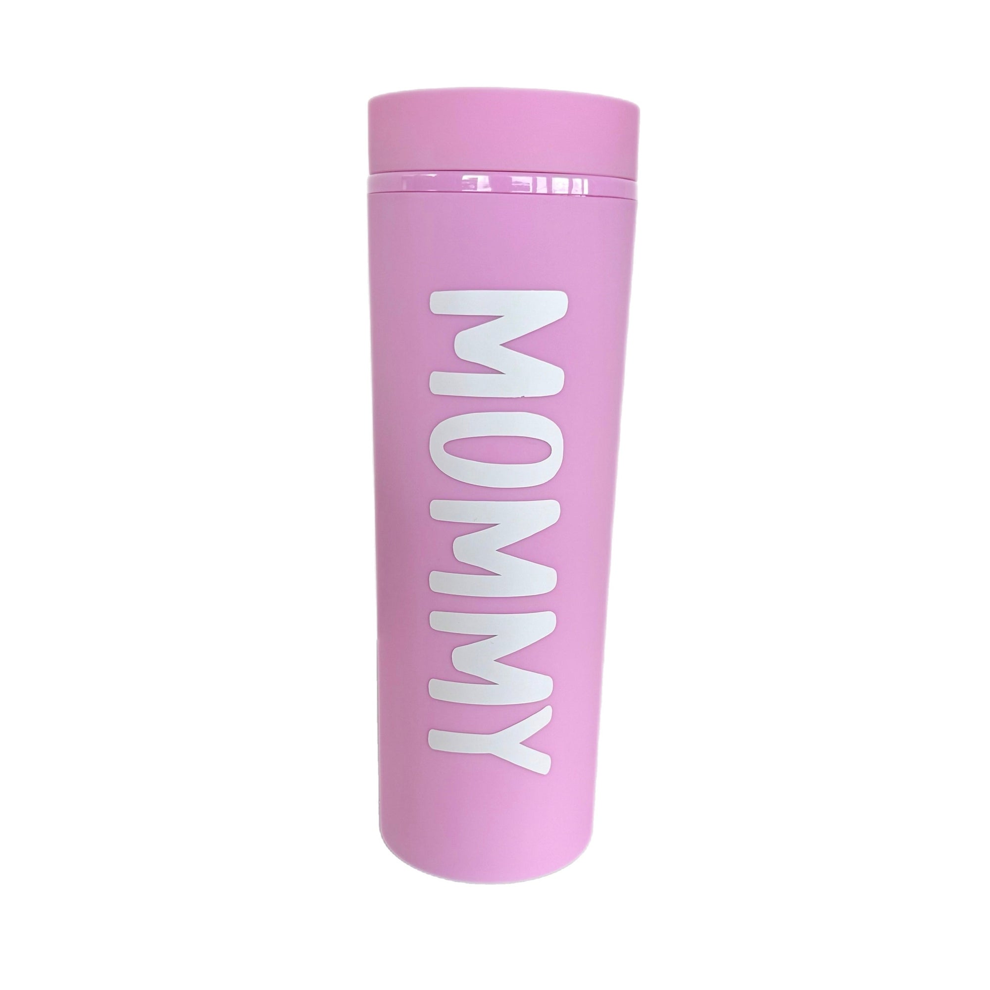 Pink tumbler with 'MOMMY' text on a white background